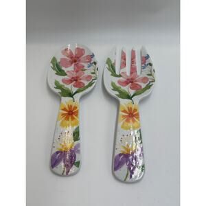 Floral Melamine Salad Server Set Spoon Fork Watercolor Wildflower Outdoor Dining